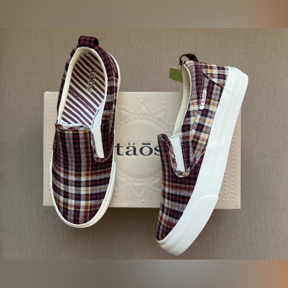 Taos Footwear Plaid Slip-On Sneakers - Red and Brown